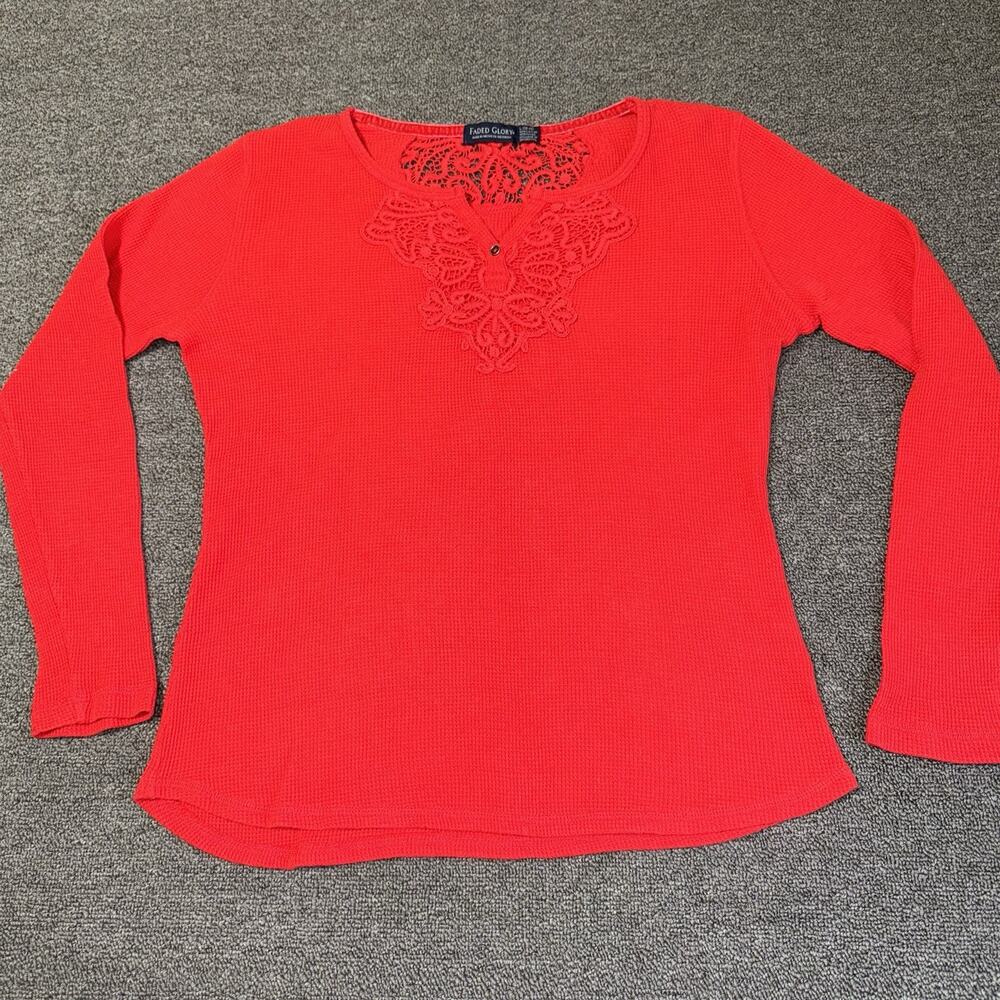 Faded Glory Top Women's L 12–14 Red Thermal Knitted Y-Neck Y2K Long Sleeve Basic
